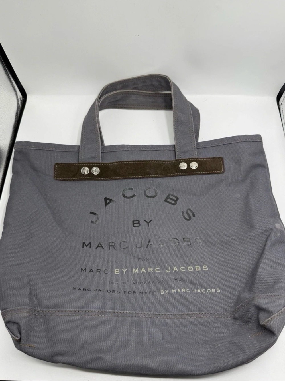 Jacobs By Marc Jacobs Canvas Tote Bag Cotton Brown Leather Trim Y2K Gray